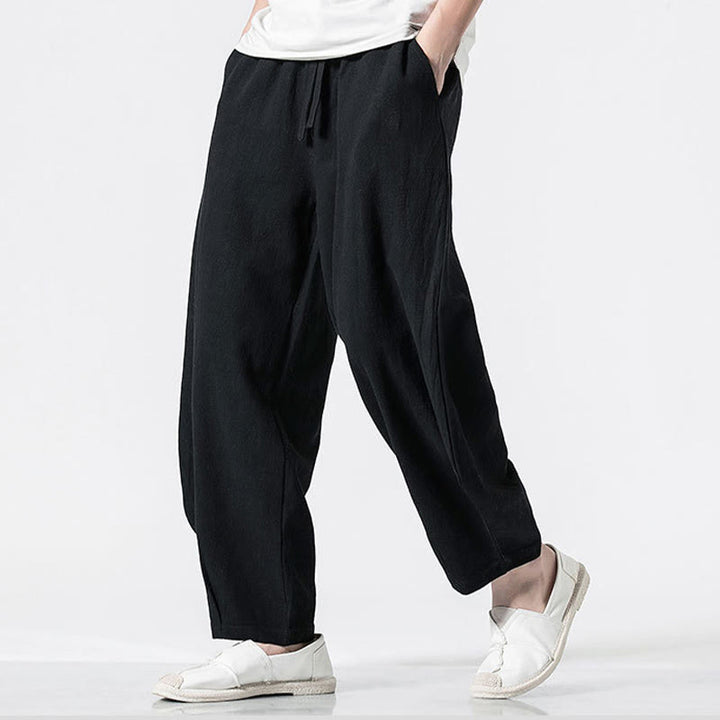 Buddha Stones ドローストリング 伸縮性ウエスト アンクル丈 メンズ コットンパンツ ポケット付き - image 15