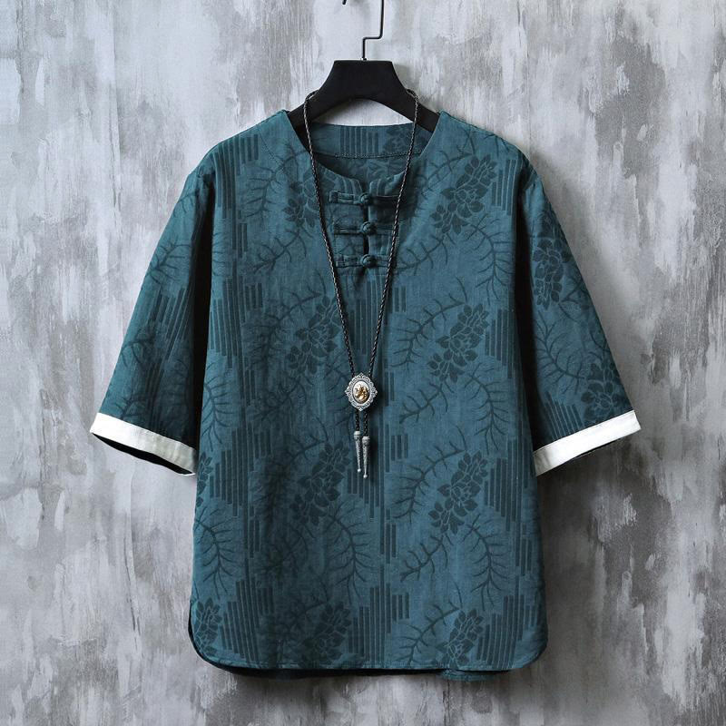 Buddha Stones 夏用花柄フロッグボタン半袖コットンメンズシャツ - ティール - US/UK/AU48、 EU58 (6XL) - image 0