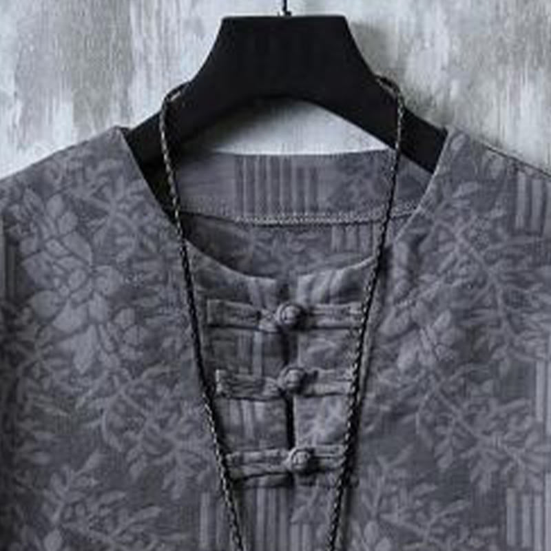 Buddha Stones 夏用花柄フロッグボタン半袖コットンメンズシャツ - image 5