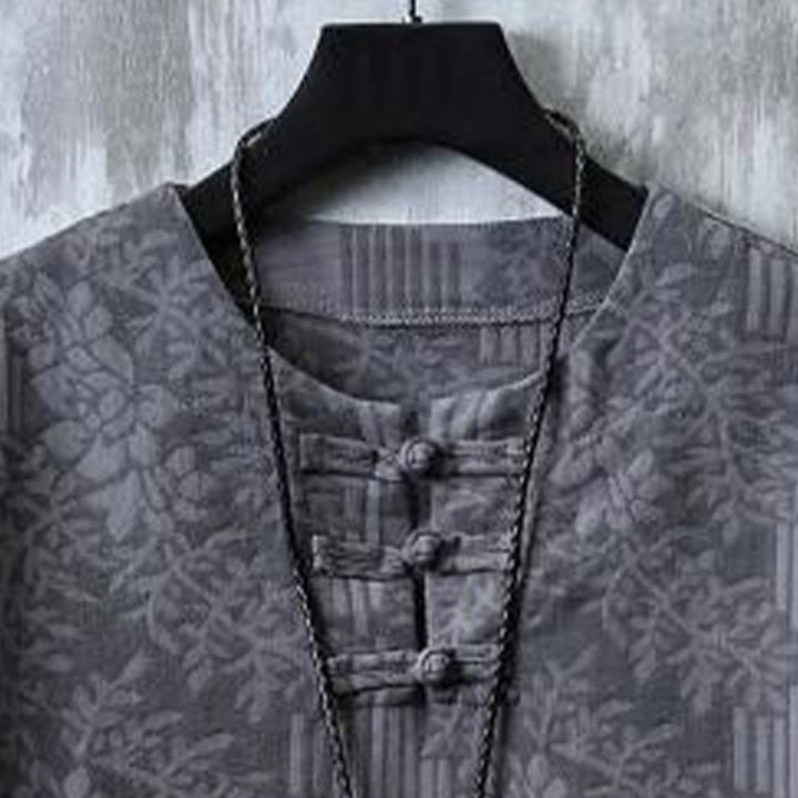 Buddha Stones 夏用花柄フロッグボタン半袖コットンメンズシャツ - image 5