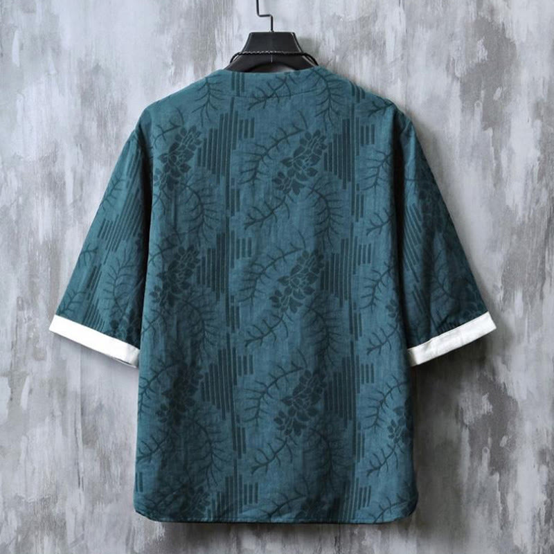 Buddha Stones 夏用花柄フロッグボタン半袖コットンメンズシャツ - image 1