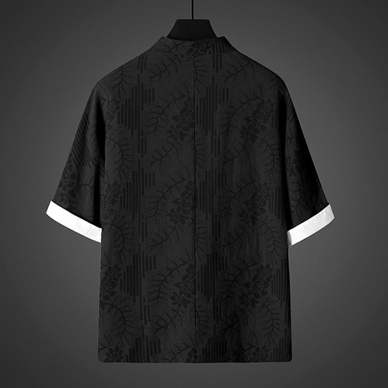 Buddha Stones 夏用カエルボタン半袖花柄コットンメンズシャツ - image 3