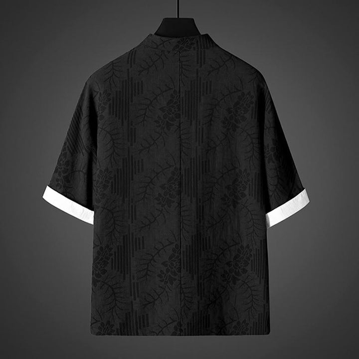 Buddha Stones 夏用カエルボタン半袖花柄コットンメンズシャツ - image 3