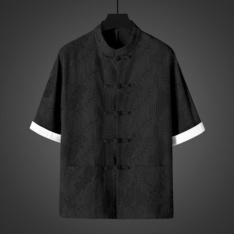 Buddha Stones 夏用カエルボタン半袖花柄コットンメンズシャツ - 黒 - US/UK/AU46、 EU56 (5XL) - image 2