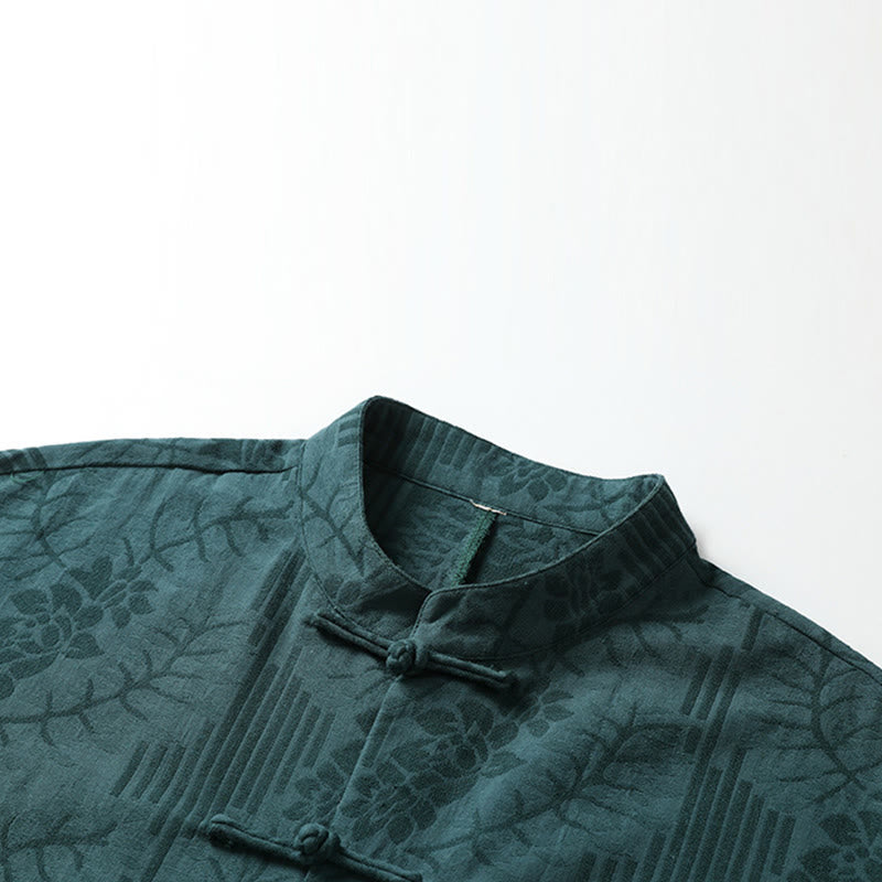 Buddha Stones 夏用カエルボタン半袖花柄コットンメンズシャツ - image 7