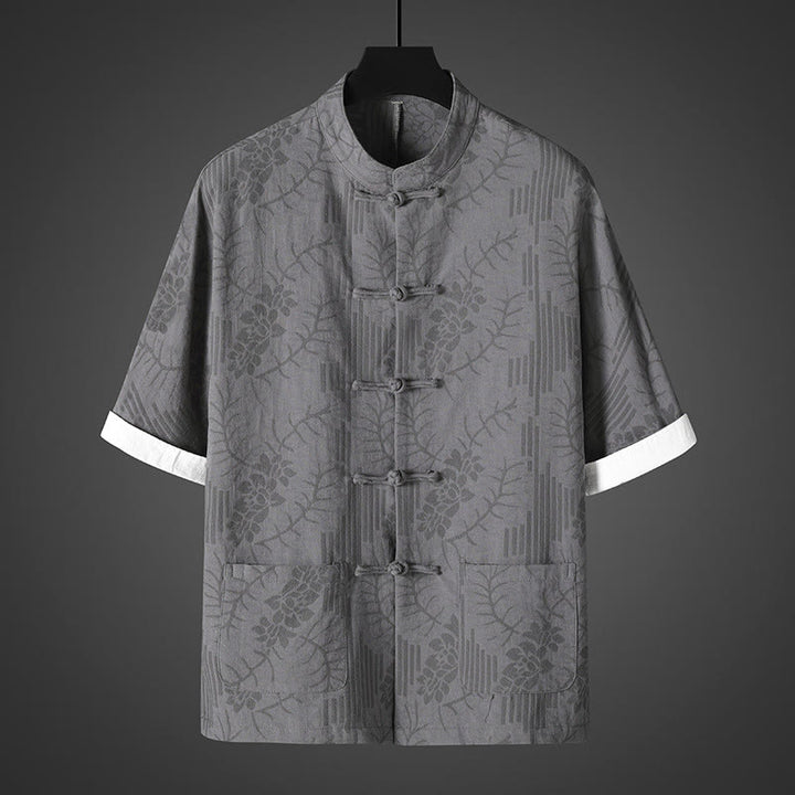 Buddha Stones 夏用カエルボタン半袖花柄コットンメンズシャツ - グレー - US/UK/AU46、 EU56 (5XL) - image 0