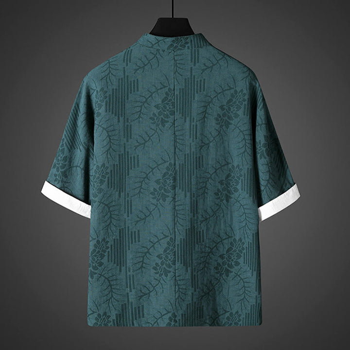 Buddha Stones 夏用カエルボタン半袖花柄コットンメンズシャツ - image 5