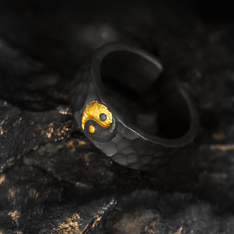 Buddha Stones ハンドメイド 999 スターリングシルバー 999 ゴールド陰陽テクスチャード バランスリング - image 1