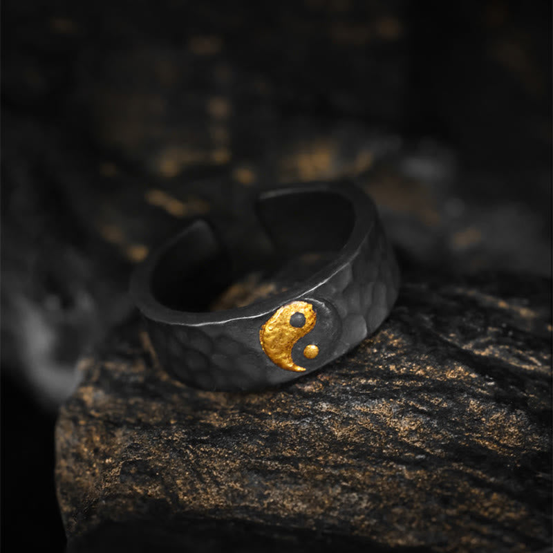 Buddha Stones ハンドメイド 999 スターリングシルバー 999 ゴールド陰陽テクスチャード バランスリング - image 3