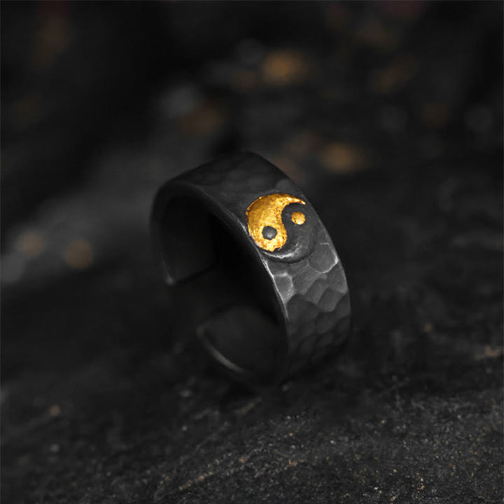 Buddha Stones ハンドメイド 999 スターリングシルバー 999 ゴールド陰陽テクスチャード バランスリング - US8-US10 - image 0