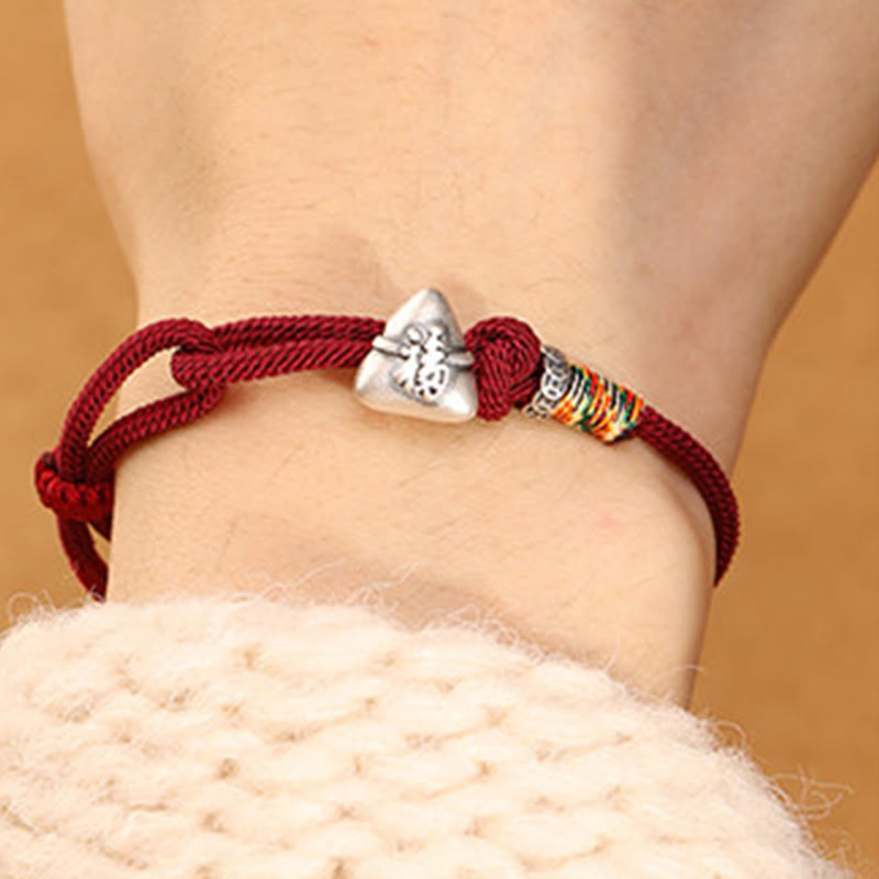 Buddha Stones 999スターリングシルバーフーキャラクター粽子型チャーム幸運繁栄ロープブレスレット - image 3