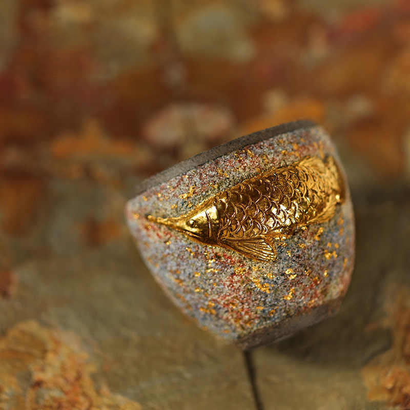 Buddha Stones ゴールデンアロワナ鯉陶器ティーカップカンフーティーカップ - image 3