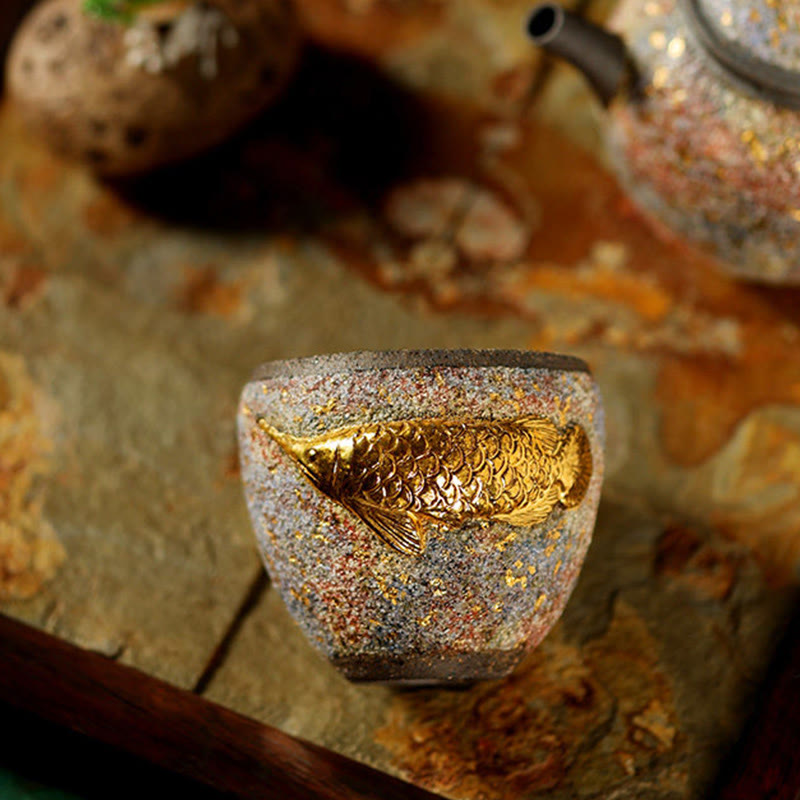 Buddha Stones ゴールデンアロワナ鯉陶器ティーカップカンフーティーカップ - image 8