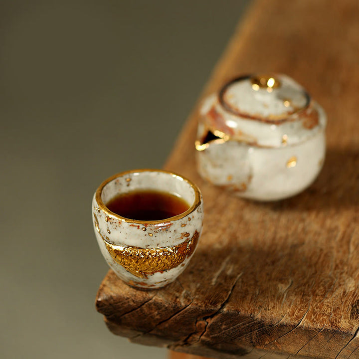 Buddha Stones 手作りのゴールデンアロワナ鯉陶器ティーカップカンフーティーカップティーポット - カップ+ティーポット - image 10