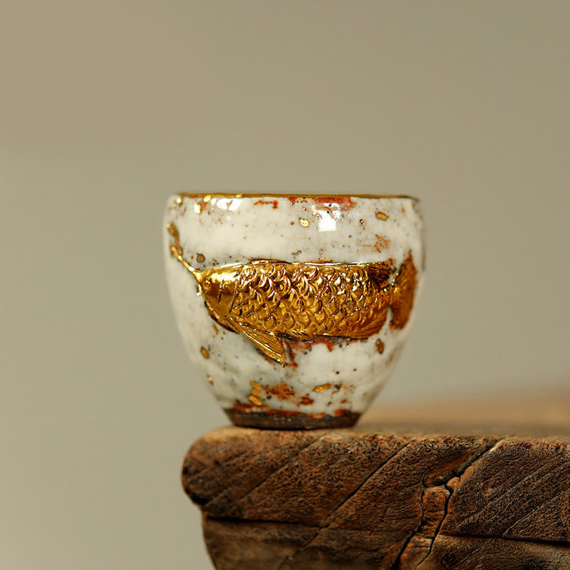 Buddha Stones 手作りのゴールデンアロワナ鯉陶器ティーカップカンフーティーカップティーポット - カップ 6.5cm×6.1cm×100ml - image 0