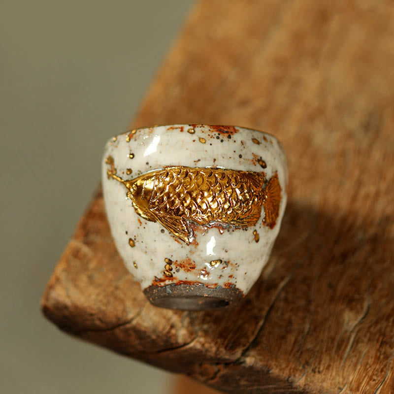 Buddha Stones 手作りのゴールデンアロワナ鯉陶器ティーカップカンフーティーカップティーポット - image 1