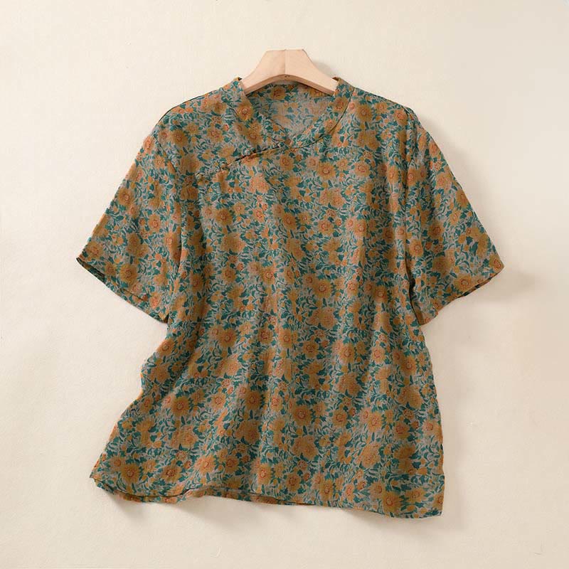 Buddha Stones 夏用カエルボタンスタンドカラー半袖花柄レディースコットンシャツ - ゴールデンロッド - US12、 UK/AU16、 EU44 (2XL) - image 1