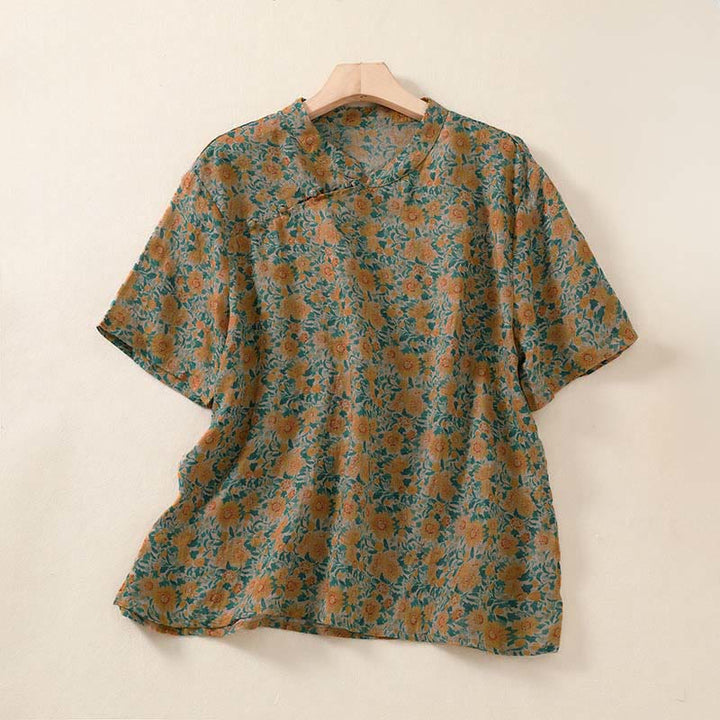 Buddha Stones 夏用カエルボタンスタンドカラー半袖花柄レディースコットンシャツ - ゴールデンロッド - US12、 UK/AU16、 EU44 (2XL) - image 1