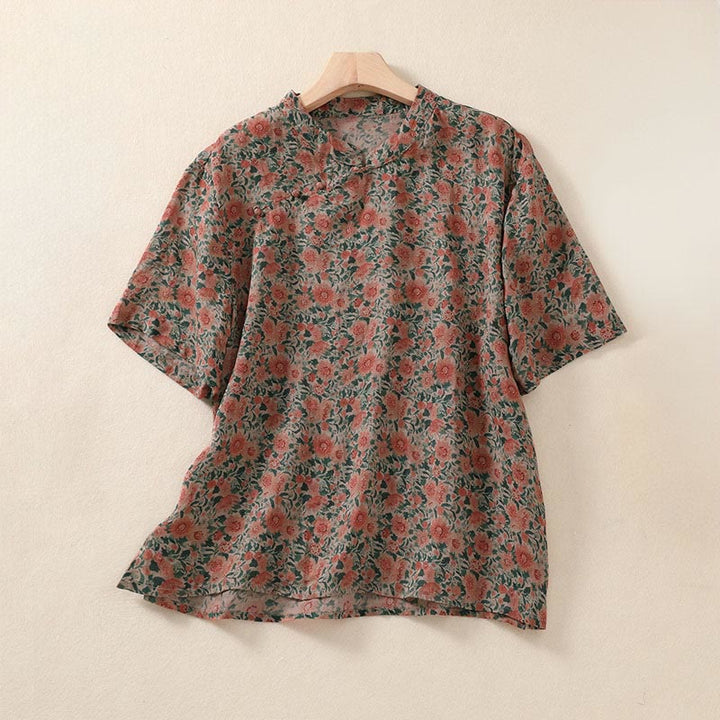 Buddha Stones 夏用カエルボタンスタンドカラー半袖花柄レディースコットンシャツ - トマト - US12、 UK/AU16、 EU44 (2XL) - image 7