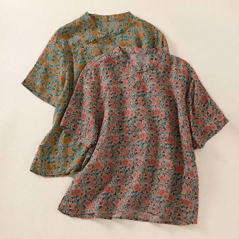 Buddha Stones 夏用カエルボタンスタンドカラー半袖花柄レディースコットンシャツ - image 0