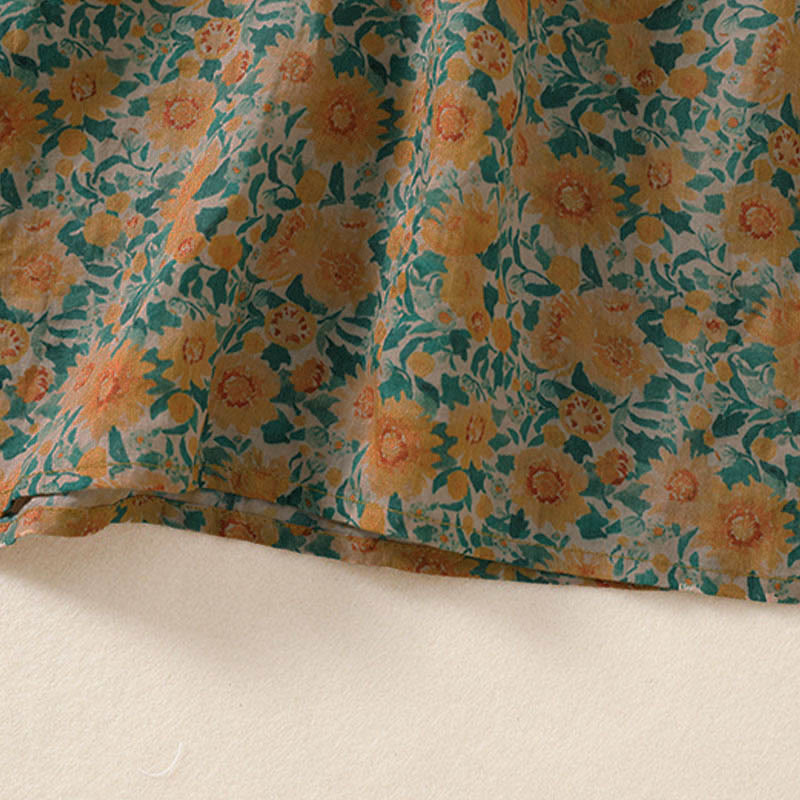 Buddha Stones 夏用カエルボタンスタンドカラー半袖花柄レディースコットンシャツ - image 6