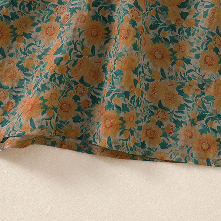 Buddha Stones 夏用カエルボタンスタンドカラー半袖花柄レディースコットンシャツ - image 6