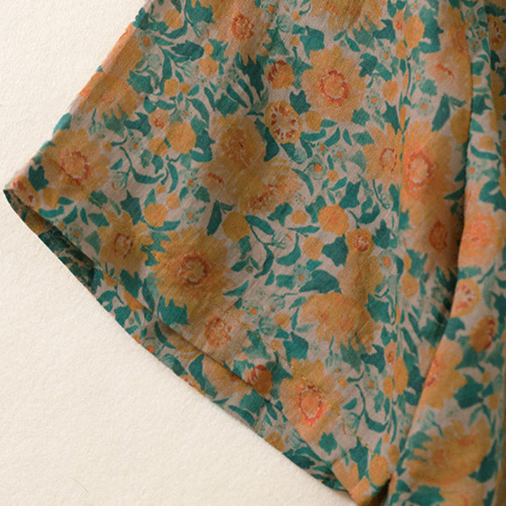 Buddha Stones 夏用カエルボタンスタンドカラー半袖花柄レディースコットンシャツ - image 5