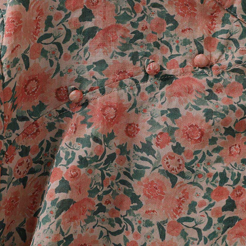 Buddha Stones 夏用カエルボタンスタンドカラー半袖花柄レディースコットンシャツ - image 14