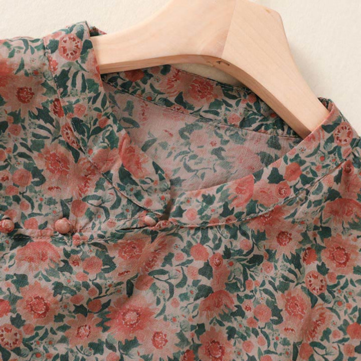 Buddha Stones 夏用カエルボタンスタンドカラー半袖花柄レディースコットンシャツ - image 9