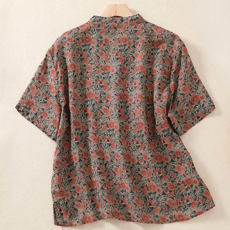 Buddha Stones 夏用カエルボタンスタンドカラー半袖花柄レディースコットンシャツ - image 8