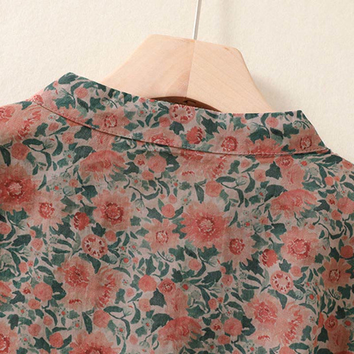 Buddha Stones 夏用カエルボタンスタンドカラー半袖花柄レディースコットンシャツ - image 10