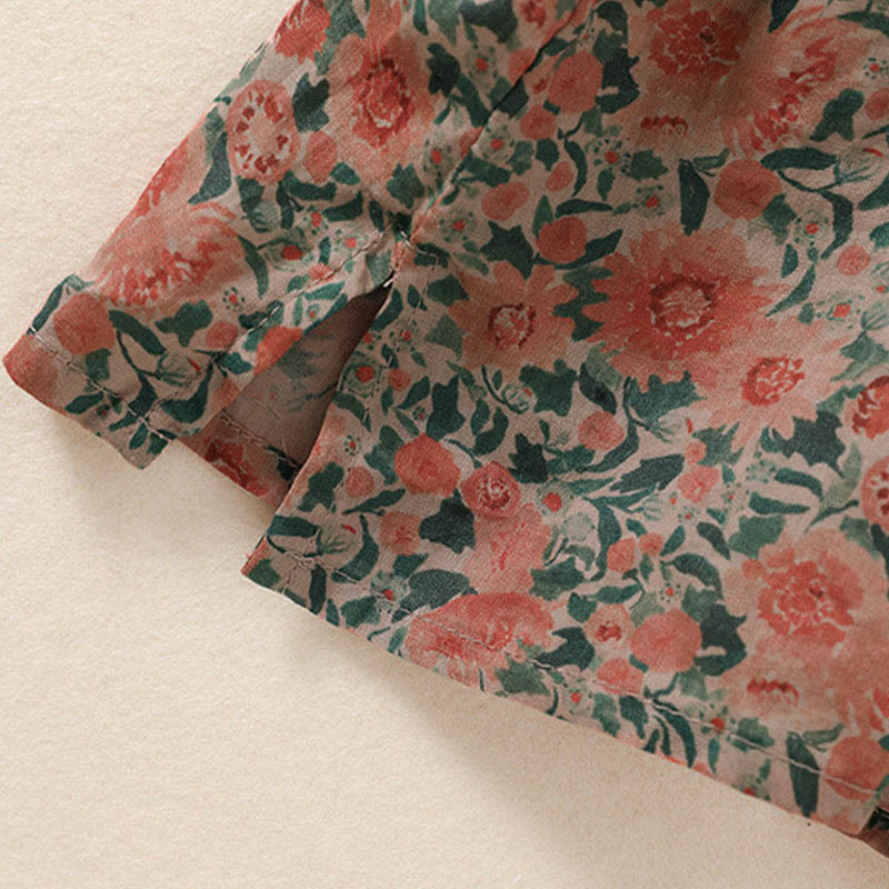 Buddha Stones 夏用カエルボタンスタンドカラー半袖花柄レディースコットンシャツ - image 13