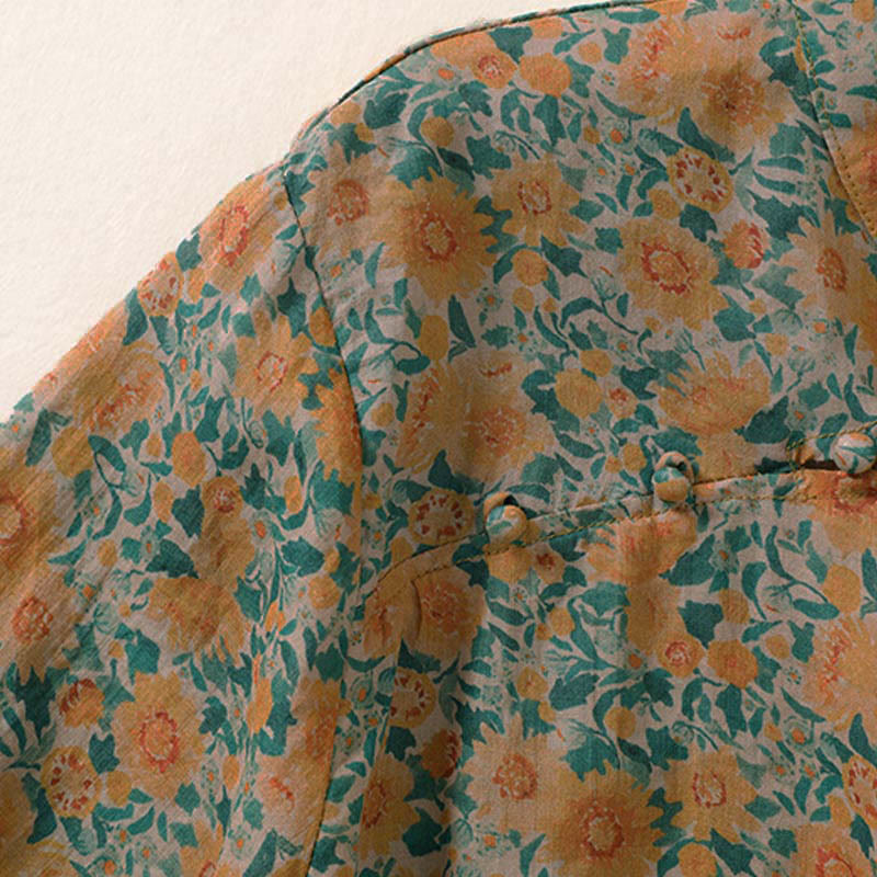 Buddha Stones 夏用カエルボタンスタンドカラー半袖花柄レディースコットンシャツ - image 3