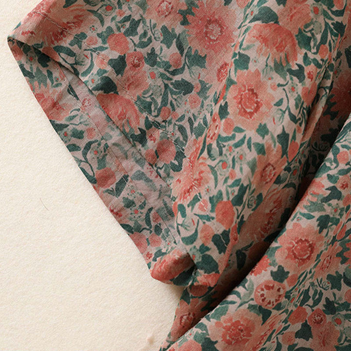 Buddha Stones 夏用カエルボタンスタンドカラー半袖花柄レディースコットンシャツ - image 15