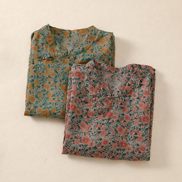 Buddha Stones 夏用カエルボタンスタンドカラー半袖花柄レディースコットンシャツ - image 16