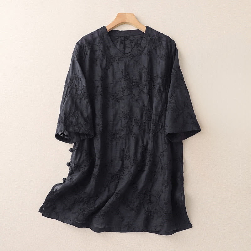 Buddha Stones 春のVネック長袖リーフ柄レディースコットンシャツ - 黒 - US8-10，UK/AU12-14，EU40-42 (2XL) - image 5