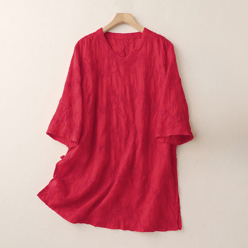 Buddha Stones 春のVネック長袖リーフ柄レディースコットンシャツ - 赤 - US8-10，UK/AU12-14，EU40-42 (2XL) - image 14