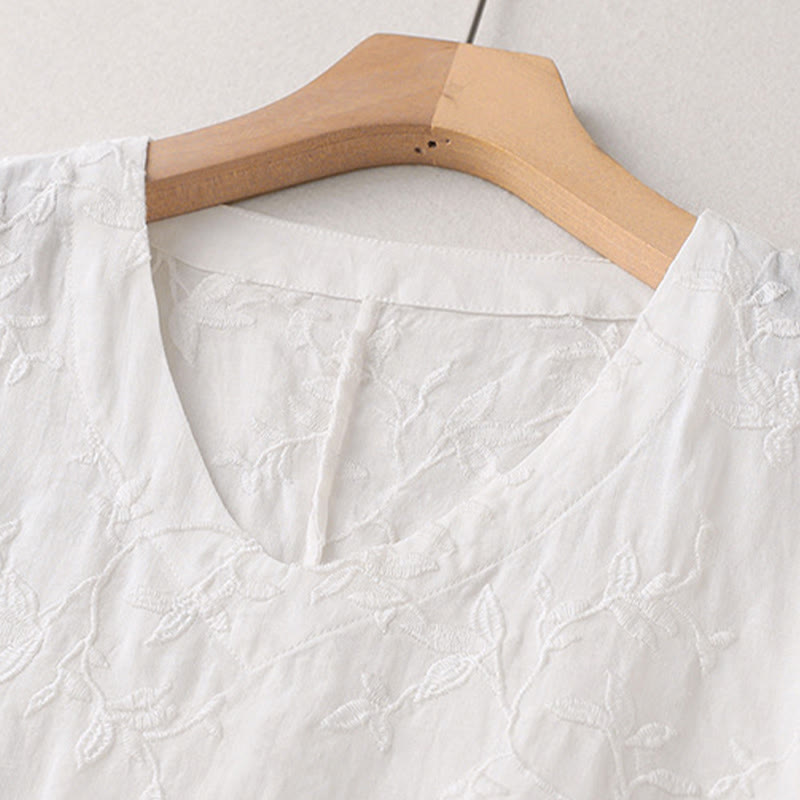 Buddha Stones 春のVネック長袖リーフ柄レディースコットンシャツ - image 8