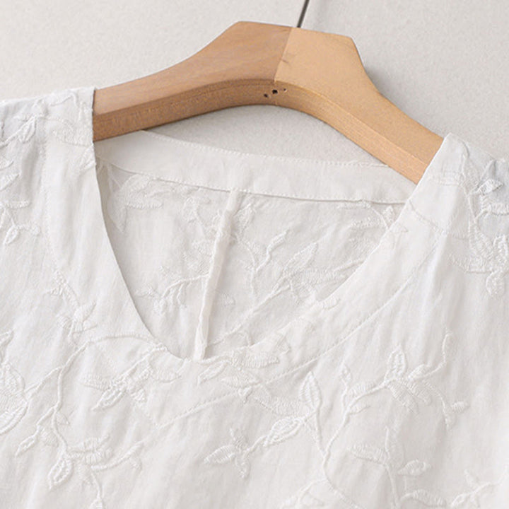 Buddha Stones 春のVネック長袖リーフ柄レディースコットンシャツ - image 8