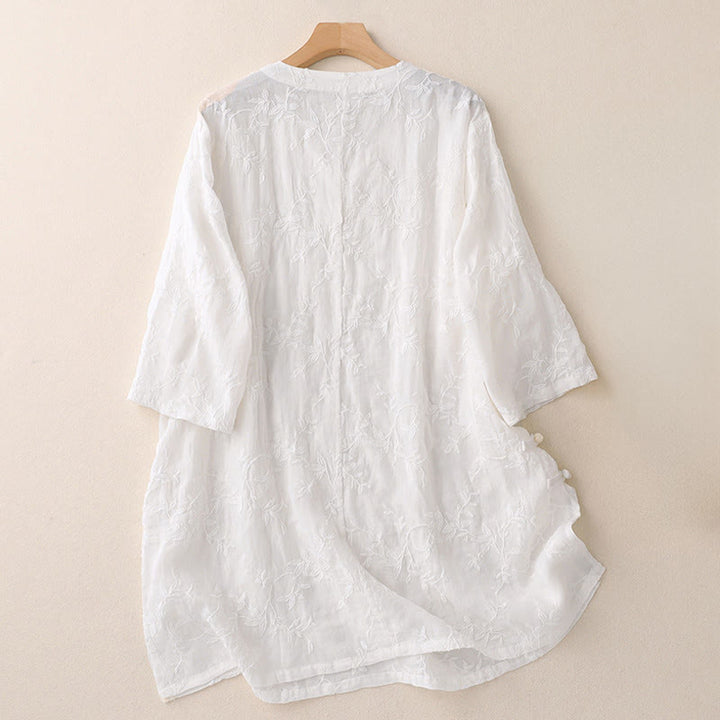 Buddha Stones 春のVネック長袖リーフ柄レディースコットンシャツ - image 10