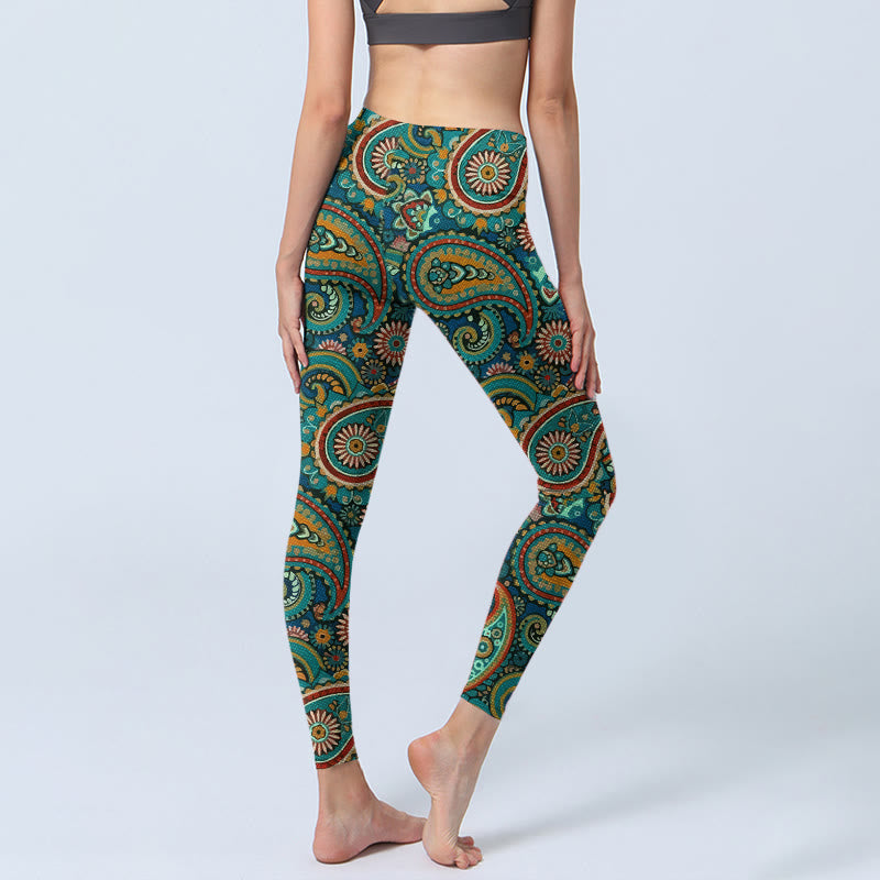 Buddha Stones レトロなペイズリー柄プリントのジムレギンス レディース ヨガパンツ - image 4