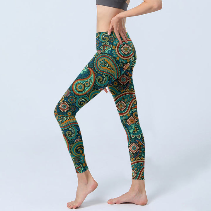 Buddha Stones レトロなペイズリー柄プリントのジムレギンス レディース ヨガパンツ - image 2