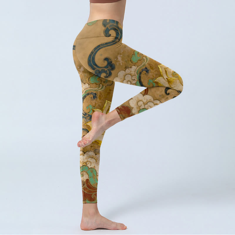 Buddha Stones 伝統的な蓮の花と雲の模様プリントのジムレギンス、レディースヨガパンツ - image 3