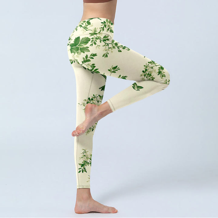 Buddha Stones フレッシュな木、花、葉、鳥の柄プリントのジムレギンス、レディースヨガパンツ - image 3