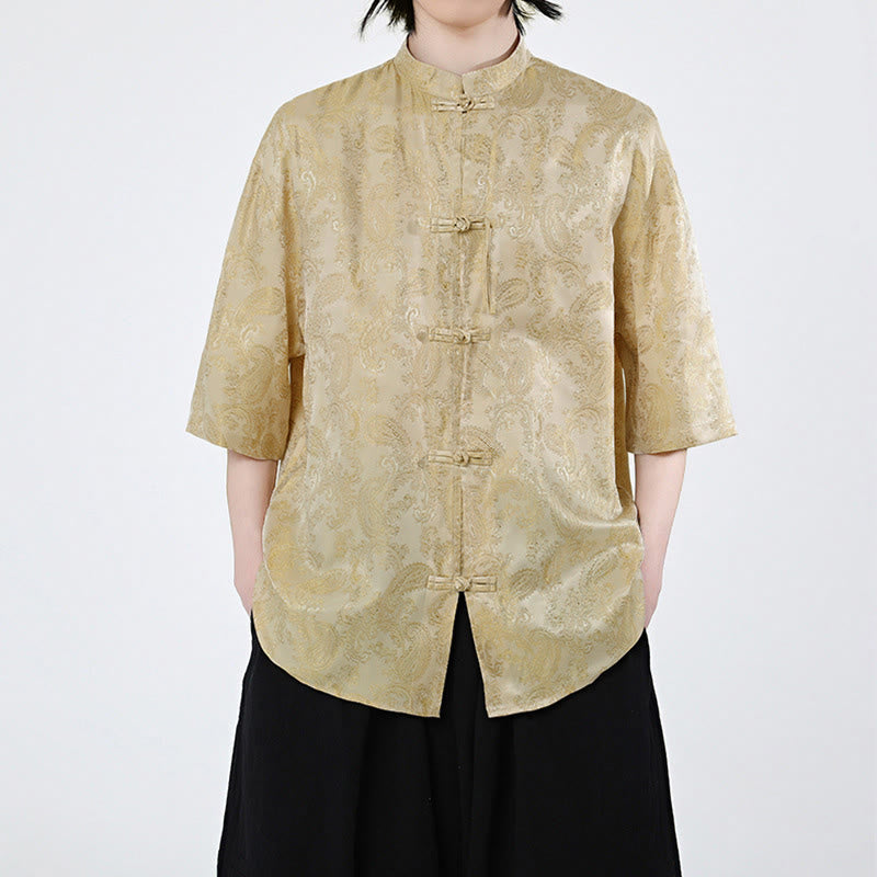 Buddha Stones 夏用カエルボタン半袖つる葉花柄メンズシャツ - 金 - US/UK/AU46、 EU56 (5XL) - image 8