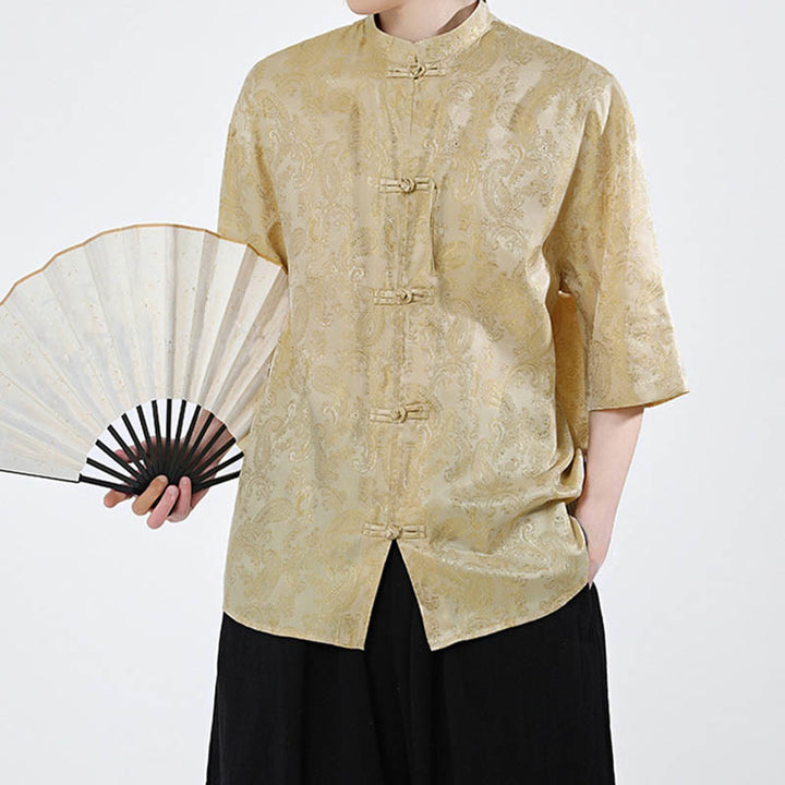 Buddha Stones 夏用カエルボタン半袖つる葉花柄メンズシャツ - image 9