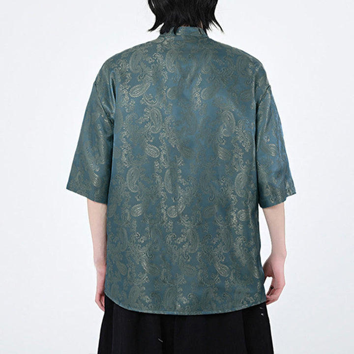 Buddha Stones 夏用カエルボタン半袖つる葉花柄メンズシャツ - image 6