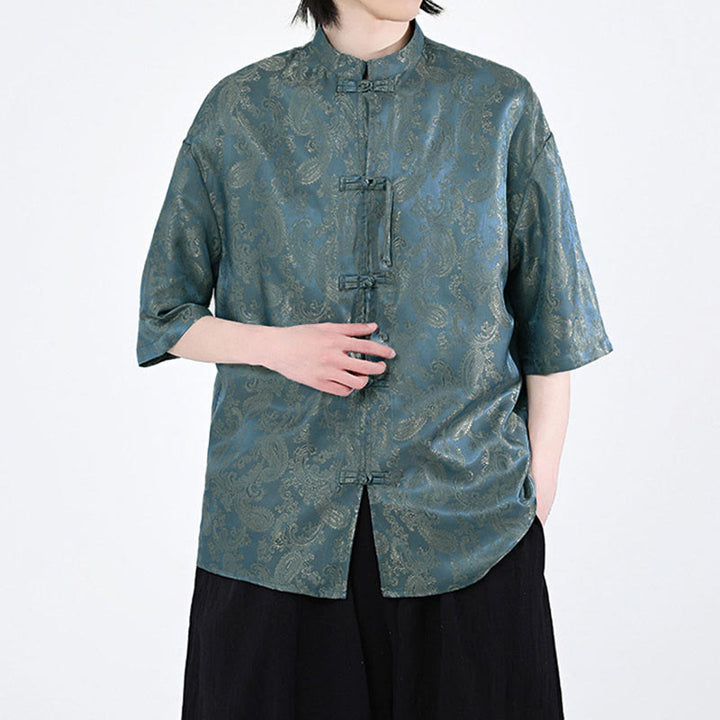 Buddha Stones 夏用カエルボタン半袖つる葉花柄メンズシャツ - image 5