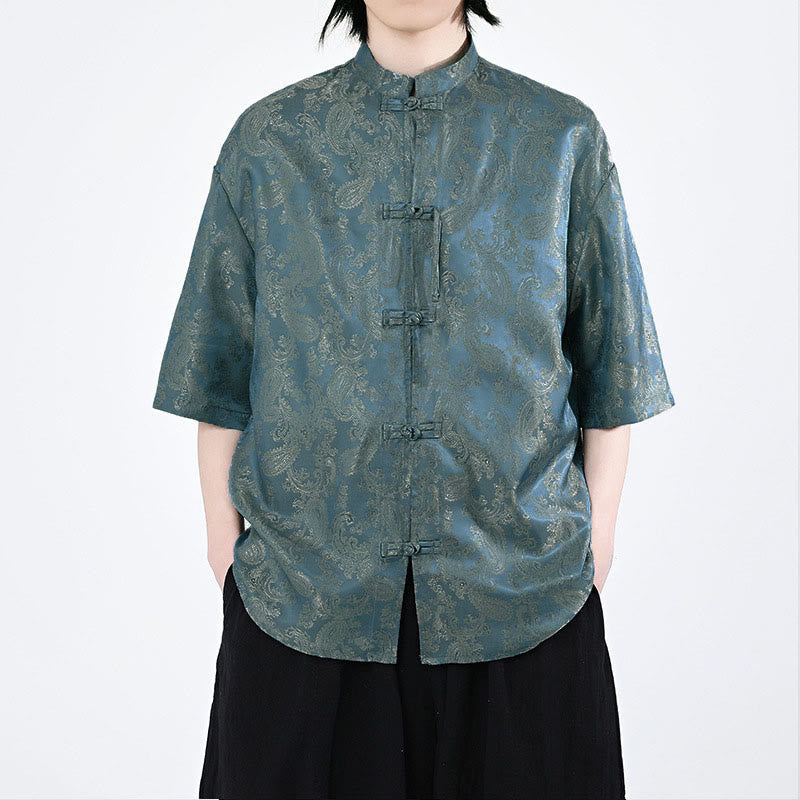 Buddha Stones 夏用カエルボタン半袖つる葉花柄メンズシャツ - スチールブルー - US/UK/AU46、 EU56 (5XL) - image 0