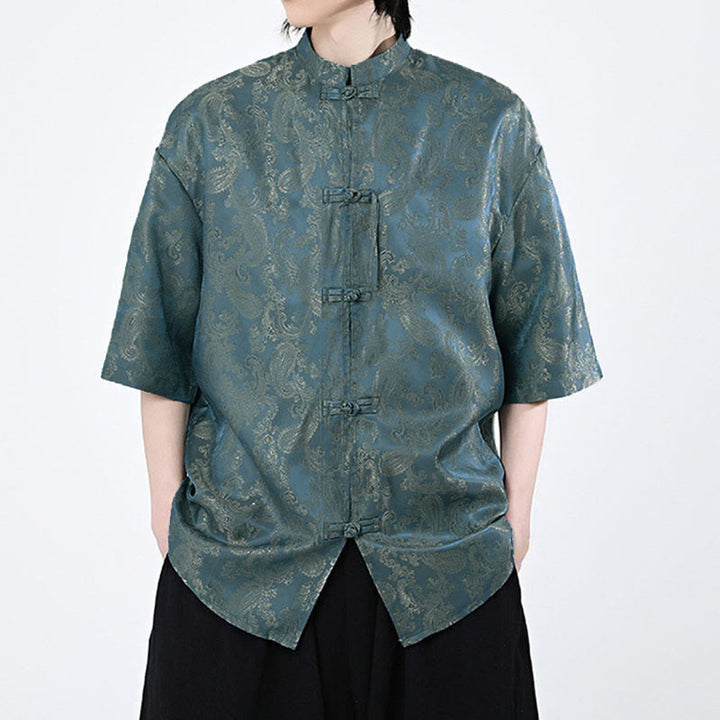 Buddha Stones 夏用カエルボタン半袖つる葉花柄メンズシャツ - image 1